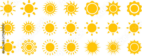 Vector cartoon, comic yellow sun shining light rays heat the summer. Isolated on white background