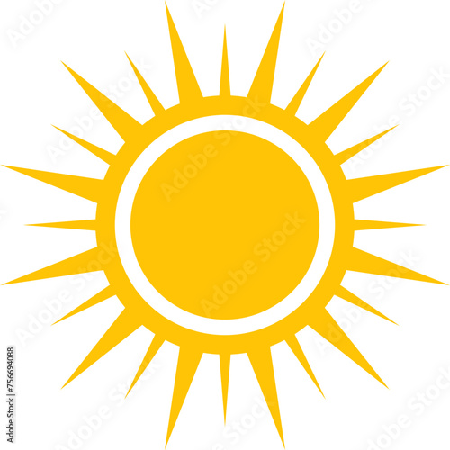 Vector cartoon, comic yellow sun shining light rays heat the summer. Isolated on white background