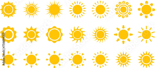 Vector cartoon, comic yellow sun shining light rays heat the summer. Isolated on white background