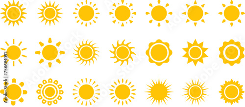 Vector cartoon, comic yellow sun shining light rays heat the summer. Isolated on white background