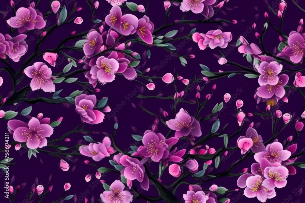 Fresh floral pattern tile with plum tree blossoms, decorative background Fresh floral pattern tile with plum tree blossoms, decorative background