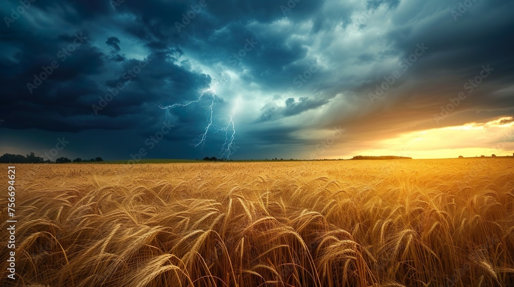 Big wheat field and thunderstorm