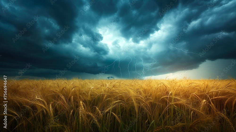 Big wheat field and thunderstorm
