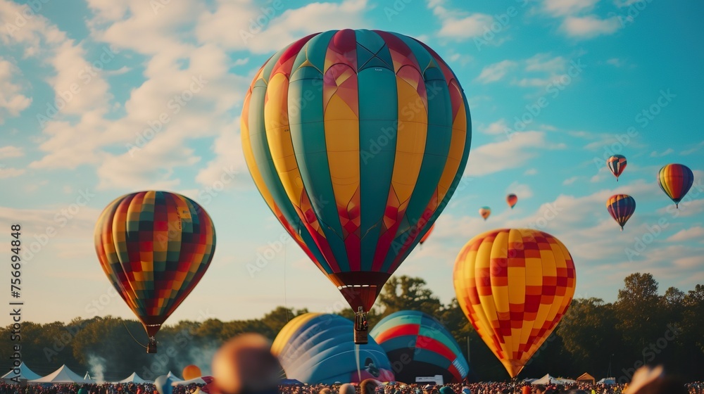 Obraz premium A hot air balloon festival with vibrant balloons taking flight on Australia Day. Concept of aerial displays and excitement.
