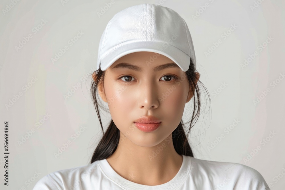 A serene portrait of a young woman in a white baseball cap, her reflective glance full of depth and subtlety A serene portrait of a young woman in a white baseball cap, her reflective glance full of depth and subtlety