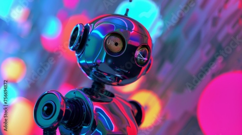 A robot stands amidst a vibrant backdrop of swirling colors