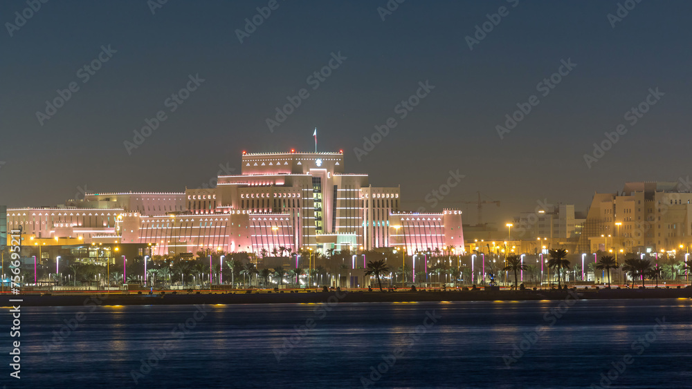 Doha skyline with Ministry of Interior night timelapse. Doha, Qatar, Middle East