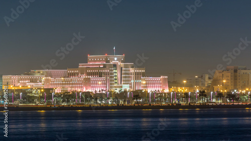 Doha skyline with Ministry of Interior night timelapse. Doha, Qatar, Middle East © neiezhmakov