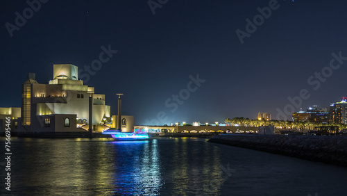 Beautiful Museum of Islamic Art night timelapse in Doha, Qatar.