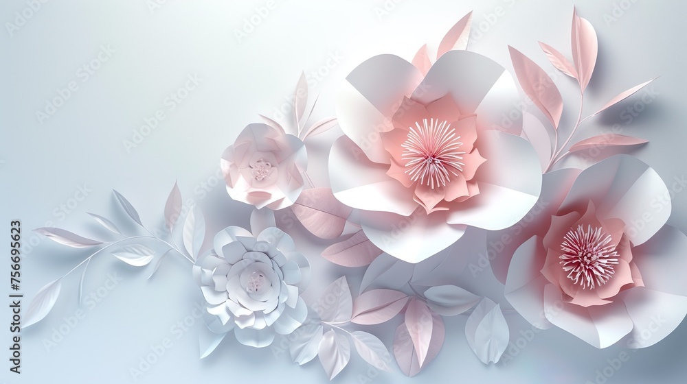 Obraz premium Natural flower paper cut are blurred on light pink rose pastel color wall at home at sunrise. Cosmetic organic with minimal concept.