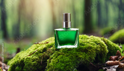 Green glass perfume bottle on top of moss in forest. Luxury fragrance. Mock-up.