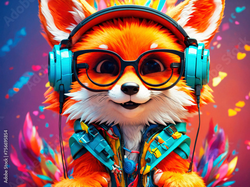 fox cub wearing sunglasses and headphones, a delightful sketch of a fox cub embracing the joy of music photo