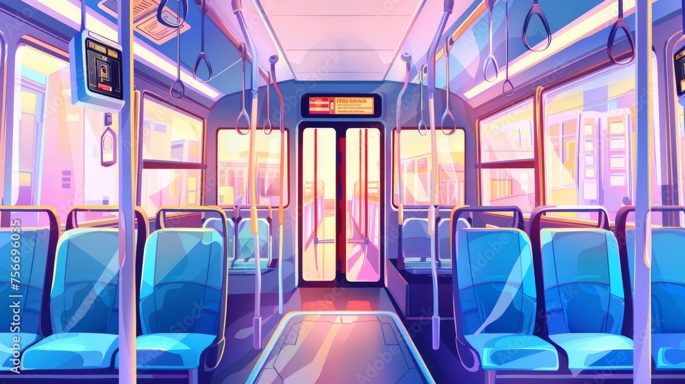 Fototapeta premium A detailed view of an empty bus interior showcasing public transport's modern amenities