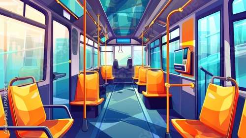 A detailed view of an empty bus interior showcasing public transport's modern amenities