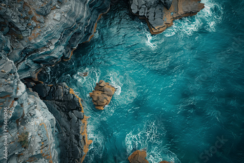A beautiful blue ocean with a rocky shoreline. The water is calm and the rocks are scattered throughout the area. The scene is serene and peaceful, with the ocean. Aerial view of the ocean rocky shore