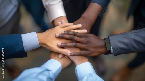 A close-up of  diverse business team joining hands together, successful unity in teamwork.
