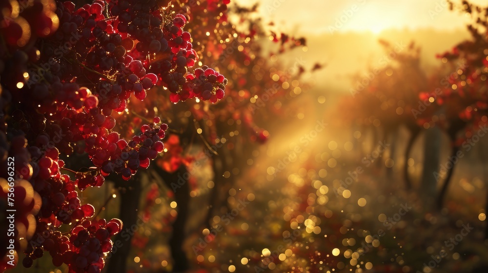 Sunrise Symphony: Dewy Red Grape Vineyard Serenity