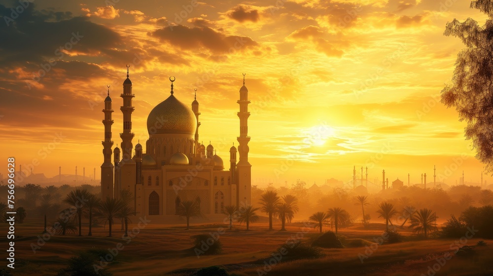 Sunset Majesty: Masjid Silhouette in Monsque Vista