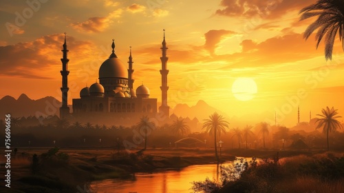 Golden Hour Glow: Majestic Mosque Silhouette in Monsque Landscape
