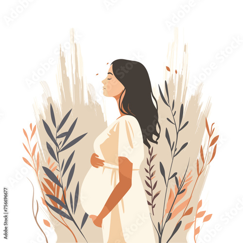 Modern concept illustration. Pregnancy and motherhood. A beautiful pregnant woman stands sideways