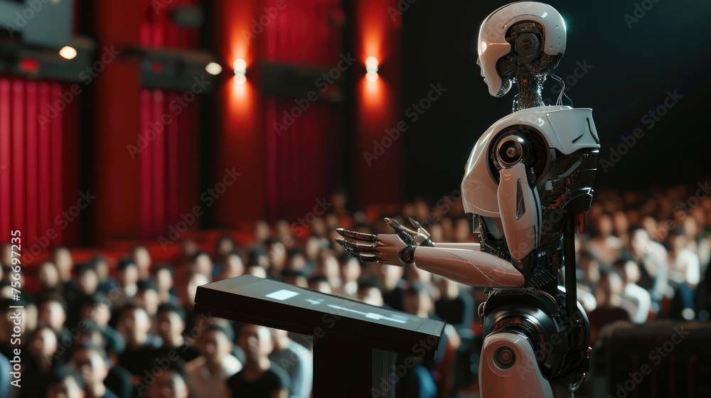 Fototapeta premium Technological Revolution: AI Speaker Inspires the Crowd