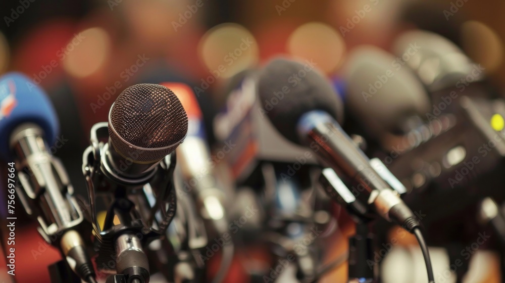 A solitary microphone stands ready at a press conference A solitary microphone stands ready at a press conference