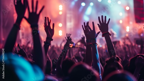 A crowded concert hall with scene stage lights , rock show performance, with people silhouette, on dance floor air during a concert festival