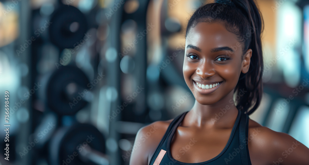 Obraz premium Beautiful and happy black aerobics girl smile in gym interior of weight barbells with copy space