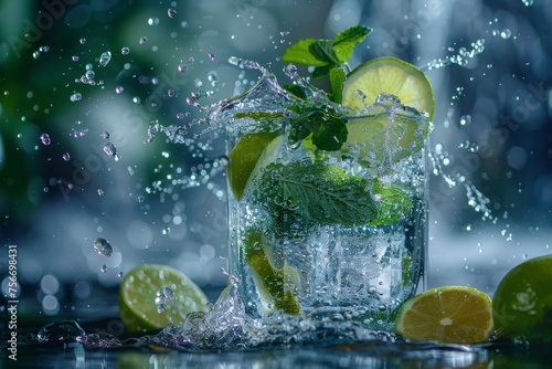 Fresh mojito cocktail splash with mint and lime on a dark grey background