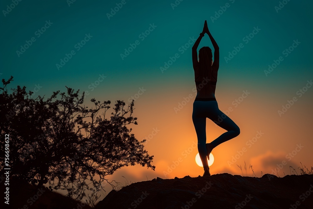 Silhouette of a yogi during sunset yoga on a hilltop