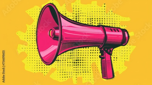 A stylized vector icon featuring a vintage pink megaphone, set against a vibrant halftone yellow background