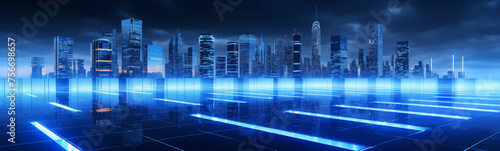 Banner background showcasing futuristic cityscape with glowing blue aura