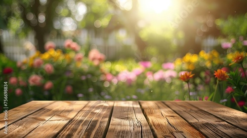 Nature's Canvas: Springtime Garden Blur Behind Wooden Table