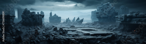 Mysterious ancient ruins in desolate landscape for dramatic sci-fi banner