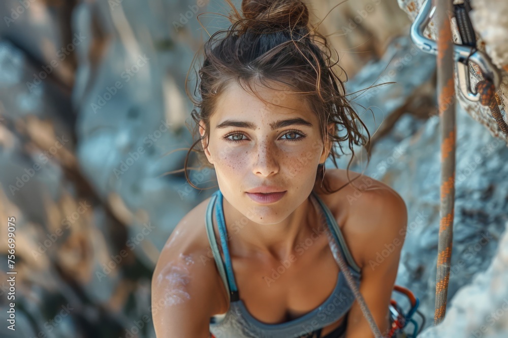 Photo of an attractive woman rock climbing, taken from above looking down at her on the mountain cliff with greenery in background.