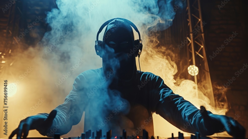 Obraz premium Mysterious DJ Spinning Beats Amidst Nightclub Haze