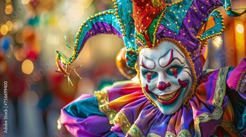 A person with a mysterious expression wearing a vibrant clown mask up close © zainab