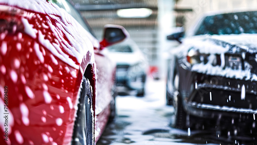 Professional car wash with pressurized water and white foam soap photo