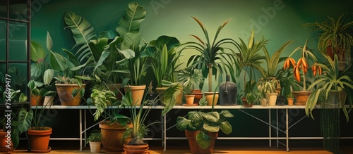 Still life in a modern flat adorned with diverse exotic green potted plants.