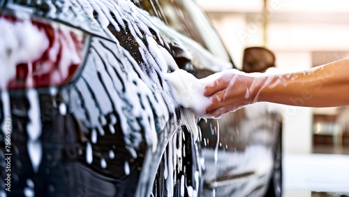 Professional car wash with pressurized water and white foam soap photo