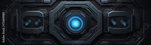 Futuristic blue circular portal in high-tech room for sci-fi banner photo