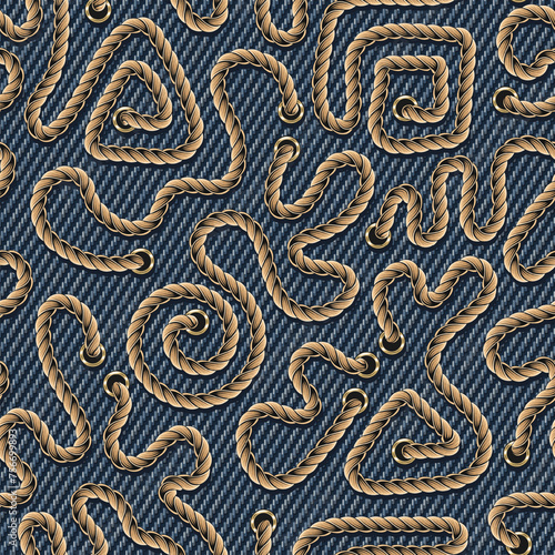 Seamless denim pattern with creatively wavy bent rope, lacing on blue jeans texture. Vintage style.