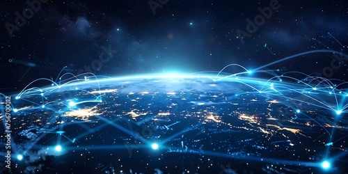 Global internet connection illustrated through network nodes on Earths surface. Concept Internet Infrastructure, World Wide Web, Network Nodes, Global Connectivity, Earth's Surface