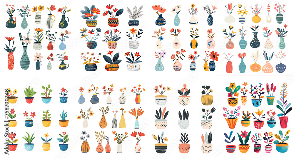 Set of many flower icon drawings on transparent background PNG.