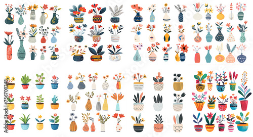 Set of many flower icon drawings on transparent background PNG.