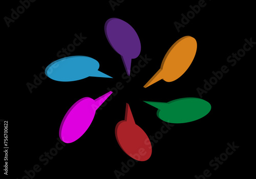 Conversación, discusión, disputa o debate entre 6 personas. Reunión de 6 personas con distintos pareceres. 6 bocadillos gráficos de distintos colores y formando círculo a modo de conversación grupal