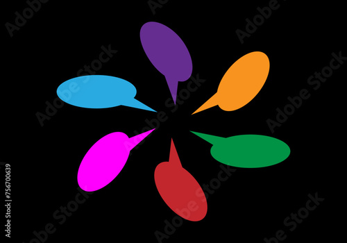 Conversación, discusión, disputa o debate entre 6 personas. Reunión de 6 personas con distintos pareceres. 6 bocadillos gráficos de distintos colores y formando círculo a modo de conversación grupal