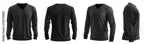 Set of men black front, back and side view V neck long sleeve tee shirt t-shirt on transparent background cutout, PNG file. Mockup template for artwork graphic design.	
 photo