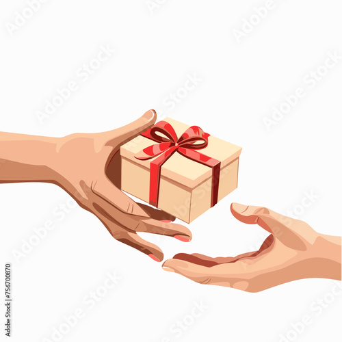 Giftbox is passing from hand to hand. Friend shares present or surprise gift for another person,