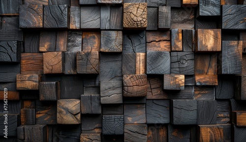 Dark gray background with wooden blocks of various sizes and shapes  arranged in an abstract pattern.